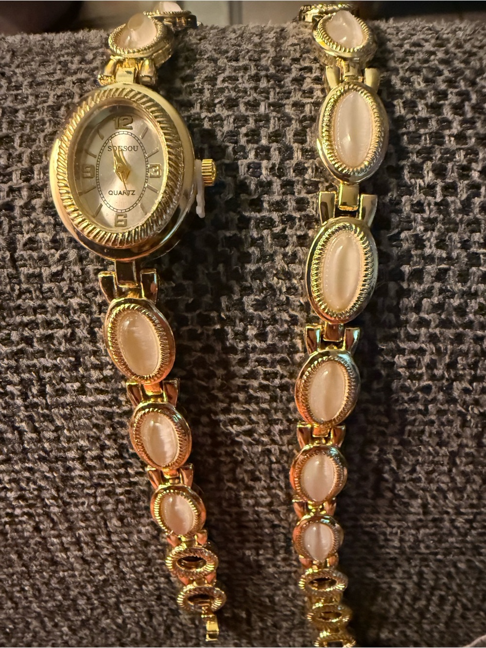 Gold-tone Women's Bracelet Watch with cream Stone Accents- fashion jewelry